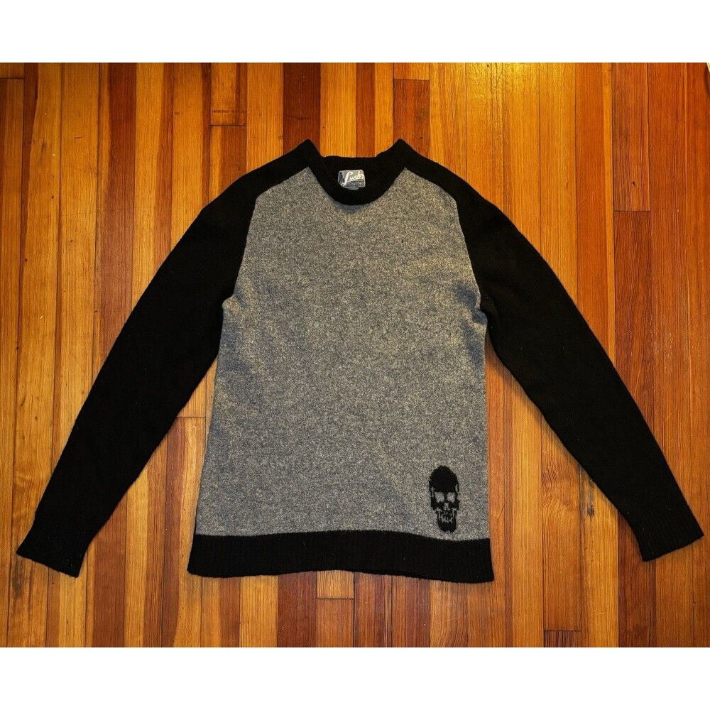 Vintage Lucky Brand Skull Print Knitwear Sweater Mens L Gray Wool Crew Neck RARE
